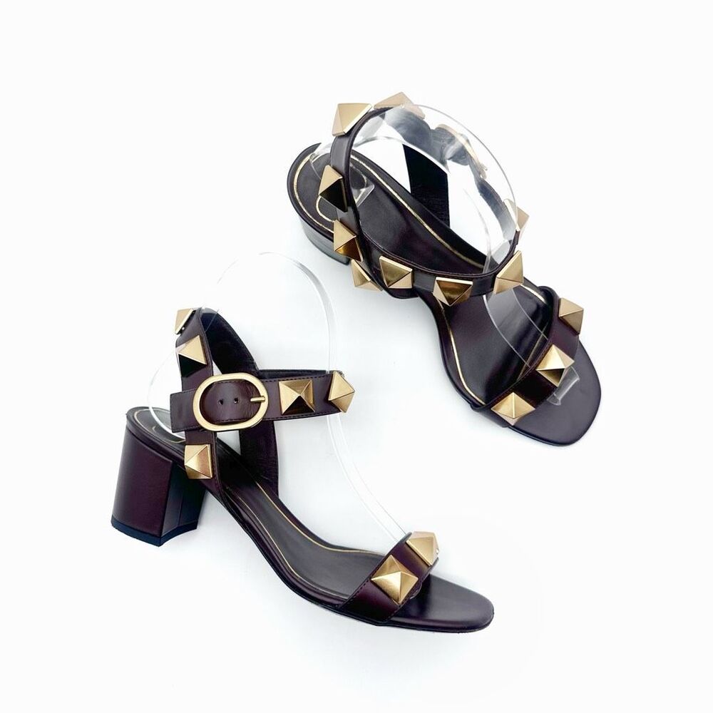 VALENTINO Brown Rockstud Heels Size 37 Sandal Leather Block Heel Ankle Strap